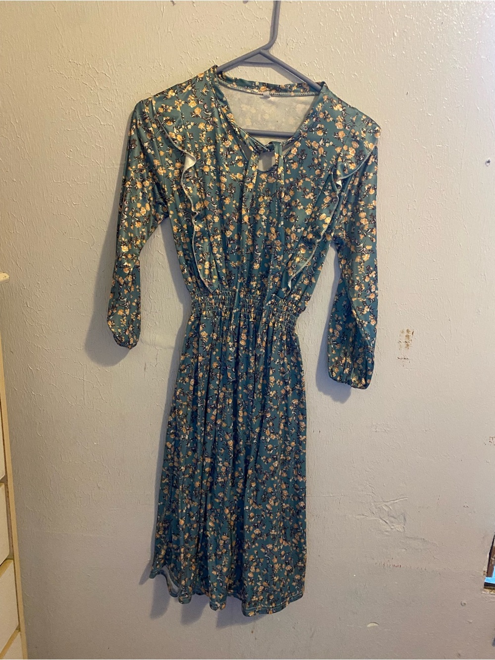 SHEIN Teal Floral Midi Dress with Ruffle Detail